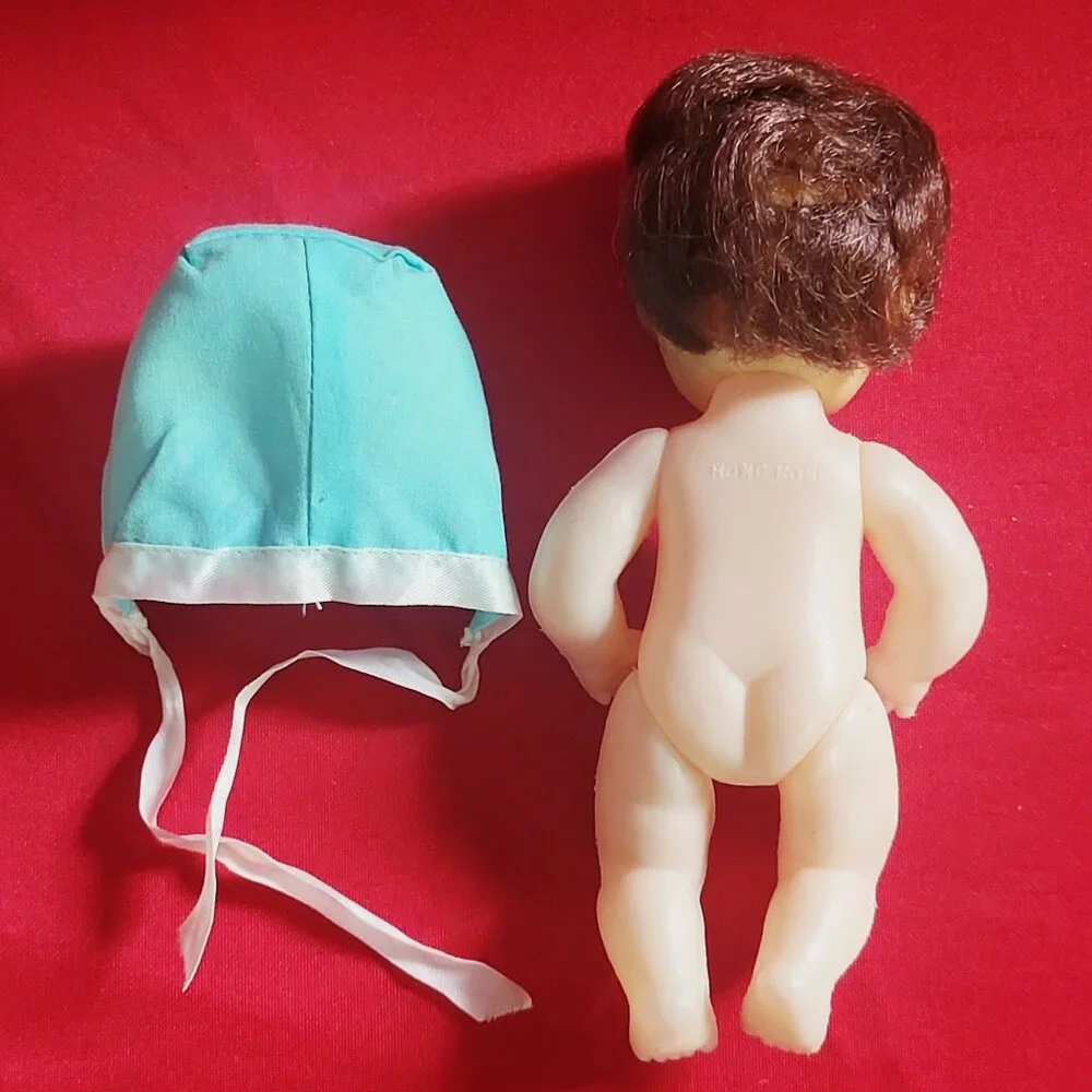 Vintage Collectible Doll Rooted Brown Hair Blue Eyes Blue White Bonnet